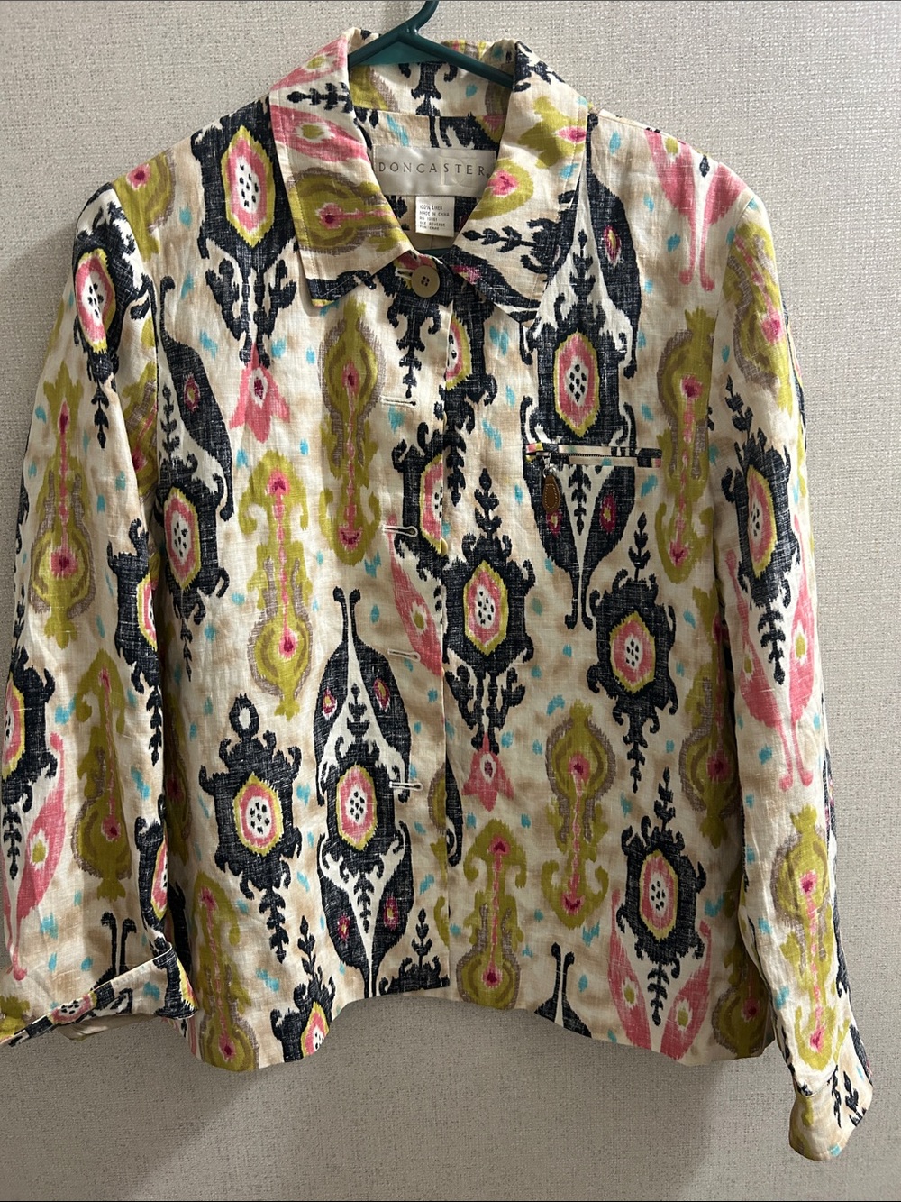 Doncaster Linen Jacket with Pink, Black and Lime Ikat Print